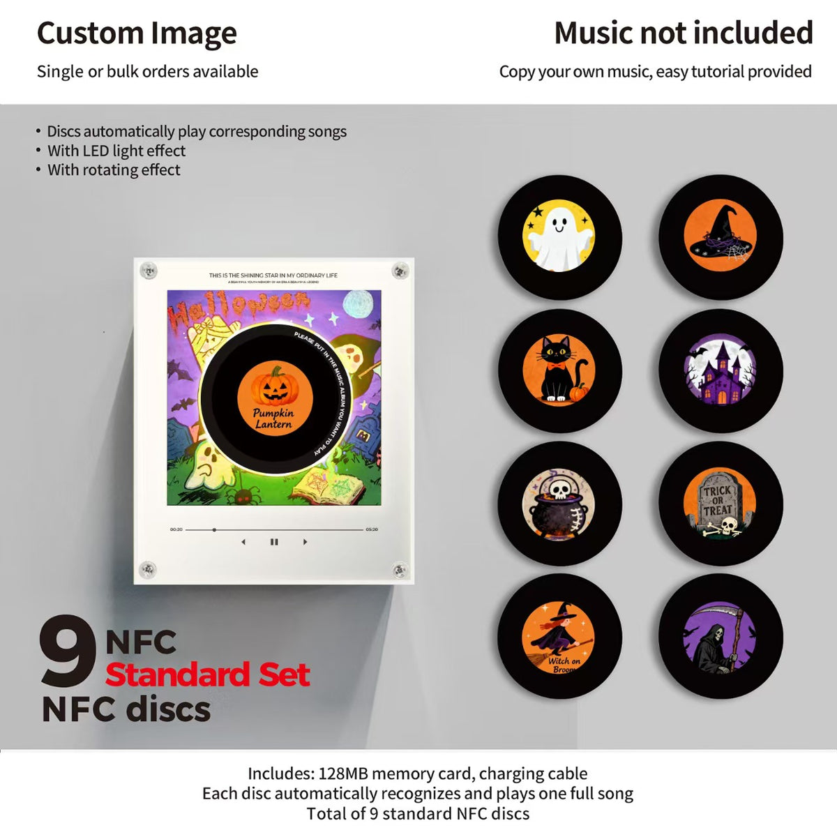 NFC Mini Vinyl Record Music Player | 9 NFC Discs Set, Christmas, Halloween & Custom Music Versions