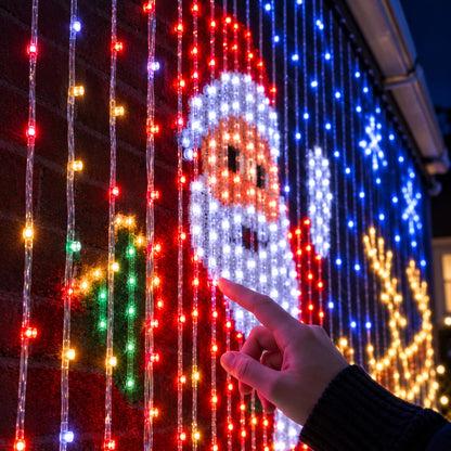 Christmas LED Smart Wall Curtain Net Lights, Large Display with Christmas Themed Patterns, Waterproof Outdoor Wall Decor, Holiday Gift for Homeowners