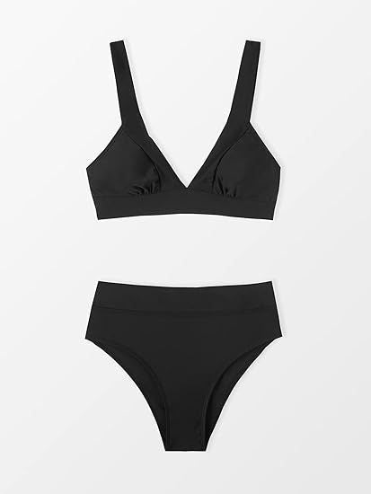 Classic Black High Waist Bikini, Flattering V Neck Wide Strap Swimwear