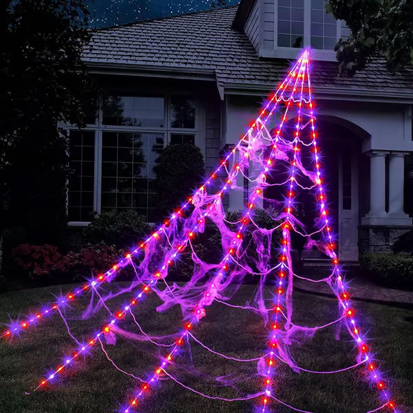Giant Purple & Orange LED Halloween Spider Web Lights, 250 LEDs, IP65 Waterproof, 8 Modes Timer, Bonus 4FT Light-Up Furry Spider, Outdoor Yard Haunted House Decor 🕷️