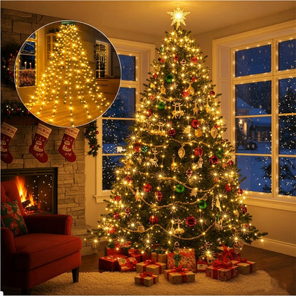 🎄🔥Plug-in Version | Waterproof Christmas Tree Waterfall Lights with Ring - ✨Quick Setup, 8 Modes