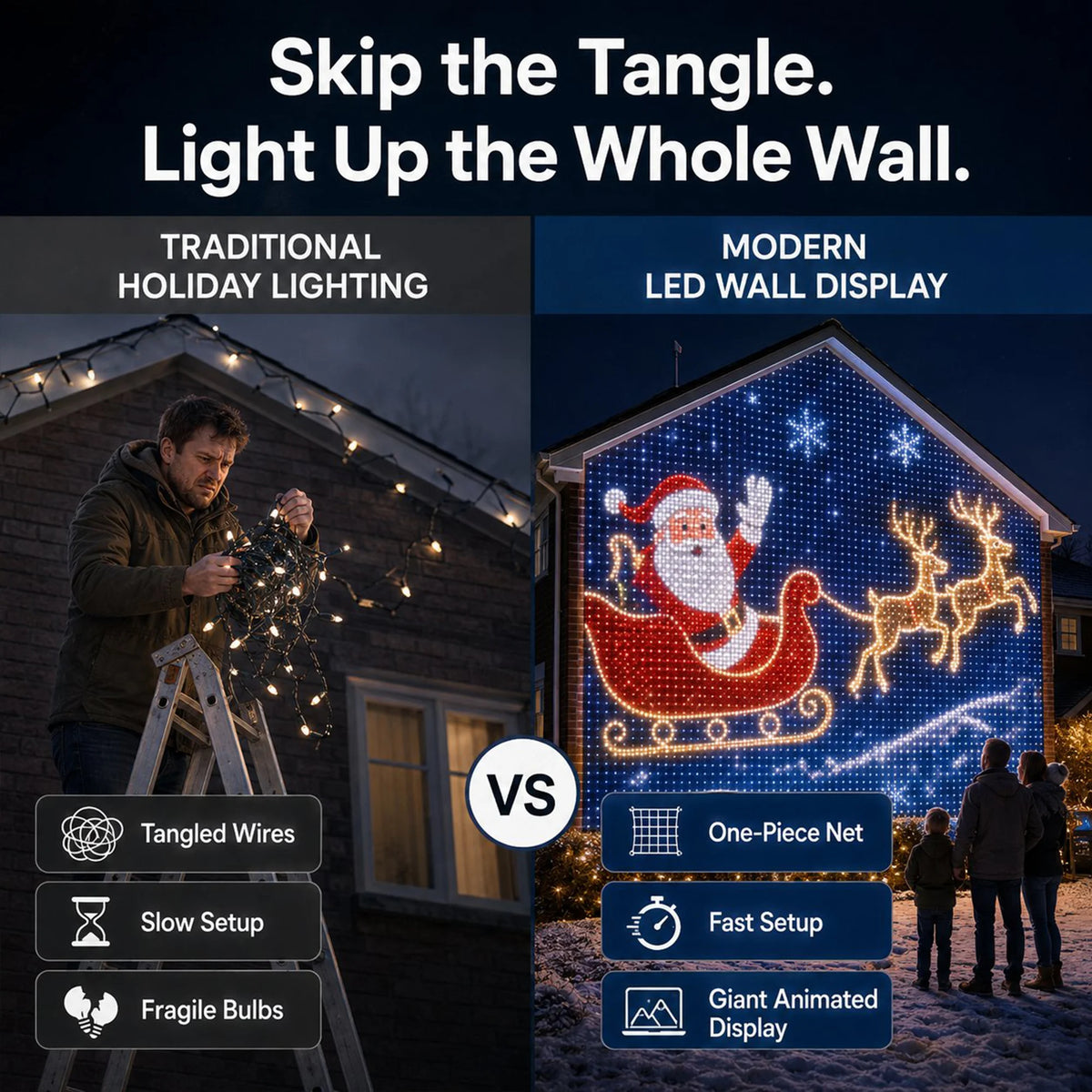 Christmas LED Smart Wall Curtain Net Lights, Large Display with Christmas Themed Patterns, Waterproof Outdoor Wall Decor, Holiday Gift for Homeowners