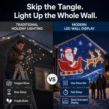 Christmas LED Smart Wall Curtain Net Lights, Large Display with Christmas Themed Patterns, Waterproof Outdoor Wall Decor, Holiday Gift for Homeowners