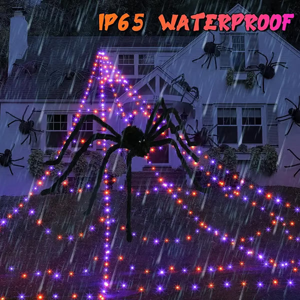 Giant Purple & Orange LED Halloween Spider Web Lights, 250 LEDs, IP65 Waterproof, 8 Modes Timer, Bonus 4FT Light-Up Furry Spider, Outdoor Yard Haunted House Decor 🕷️
