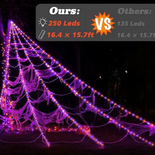 Giant Purple & Orange LED Halloween Spider Web Lights, 250 LEDs, IP65 Waterproof, 8 Modes Timer, Bonus 4FT Light-Up Furry Spider, Outdoor Yard Haunted House Decor 🕷️