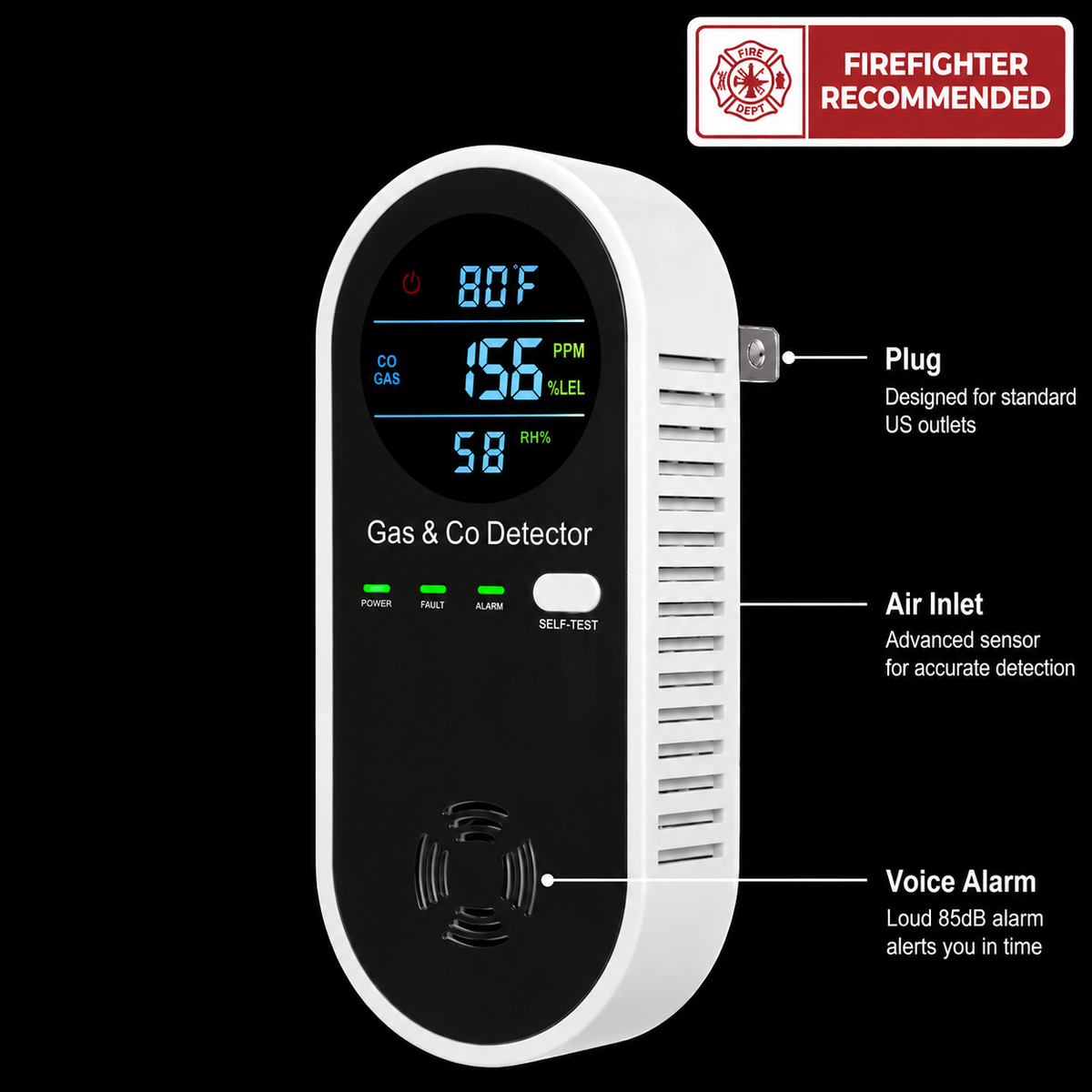 🔥Limited Time 50% OFF | Plug-in Gas & Carbon Monoxide Detector with 9V Battery Backup, CO & Natural Gas Alarm, Digital Temperature Humidity Monitor for Home Basement RV
