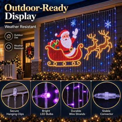 Christmas LED Smart Wall Curtain Net Lights, Large Display with Christmas Themed Patterns, Waterproof Outdoor Wall Decor, Holiday Gift for Homeowners