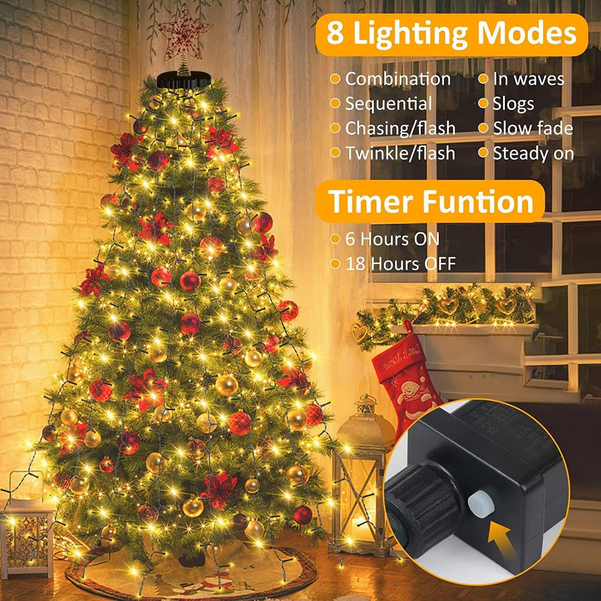 🎄🔥Plug-in Version | Waterproof Christmas Tree Waterfall Lights with Ring - ✨Quick Setup, 8 Modes