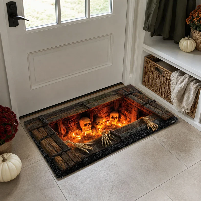 3D Optical Illusion Halloween Skeleton Crypt Doormat Spooky Skull Halloween Porch Decor