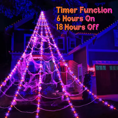 Giant Purple & Orange LED Halloween Spider Web Lights, 250 LEDs, IP65 Waterproof, 8 Modes Timer, Bonus 4FT Light-Up Furry Spider, Outdoor Yard Haunted House Decor 🕷️