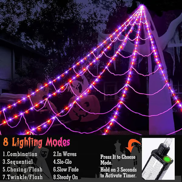 Giant Purple & Orange LED Halloween Spider Web Lights, 250 LEDs, IP65 Waterproof, 8 Modes Timer, Bonus 4FT Light-Up Furry Spider, Outdoor Yard Haunted House Decor 🕷️