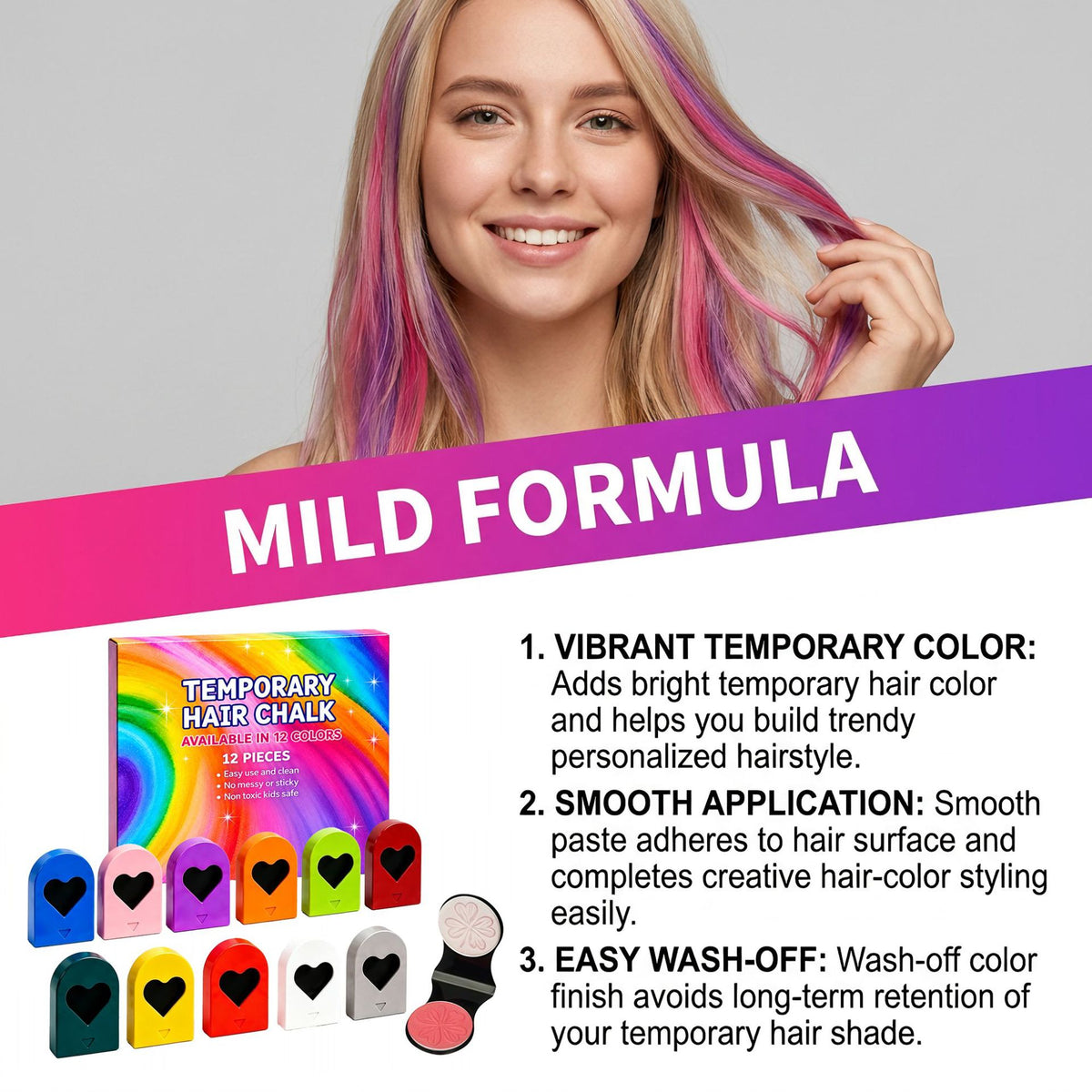Washable Temporary Hair Chalk 12 Pack, Non-Toxic For Party & Halloween
