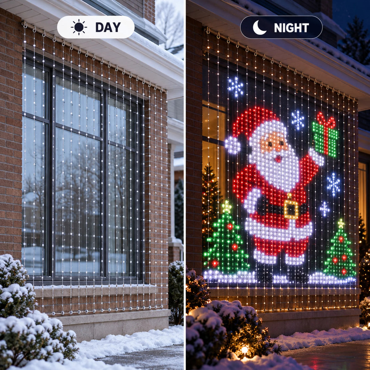 Christmas LED Smart Wall Curtain Net Lights, Large Display with Christmas Themed Patterns, Waterproof Outdoor Wall Decor, Holiday Gift for Homeowners