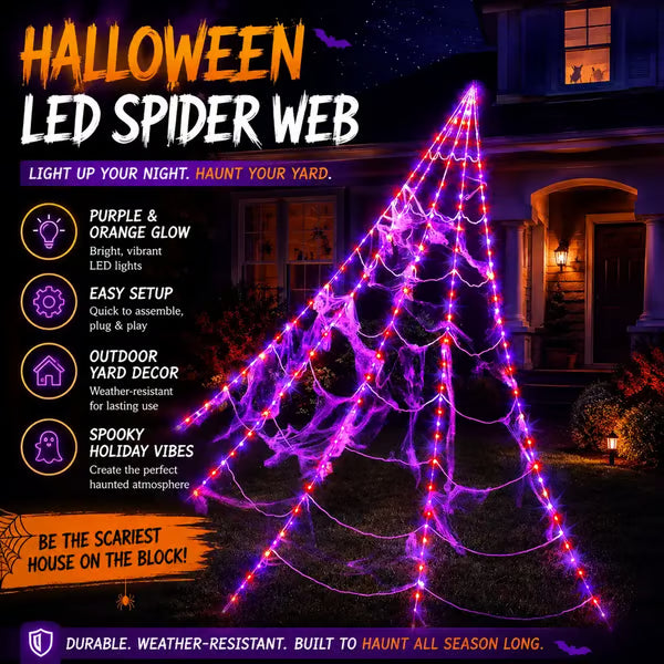 Giant Purple & Orange LED Halloween Spider Web Lights, 250 LEDs, IP65 Waterproof, 8 Modes Timer, Bonus 4FT Light-Up Furry Spider, Outdoor Yard Haunted House Decor 🕷️