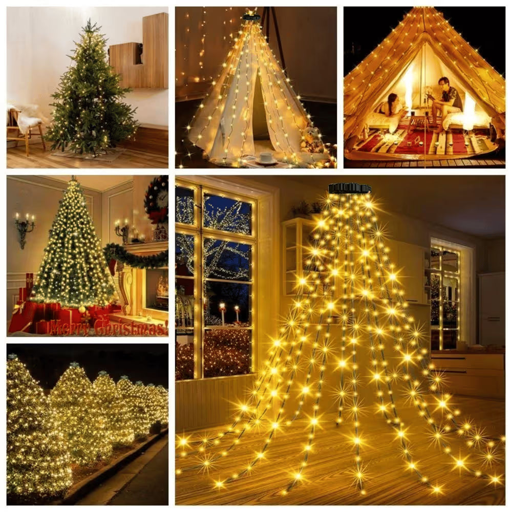 🎄🔥Plug-in Version | Waterproof Christmas Tree Waterfall Lights with Ring - ✨Quick Setup, 8 Modes