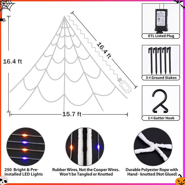 Giant Purple & Orange LED Halloween Spider Web Lights, 250 LEDs, IP65 Waterproof, 8 Modes Timer, Bonus 4FT Light-Up Furry Spider, Outdoor Yard Haunted House Decor 🕷️