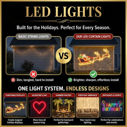 Christmas LED Smart Wall Curtain Net Lights, Large Display with Christmas Themed Patterns, Waterproof Outdoor Wall Decor, Holiday Gift for Homeowners